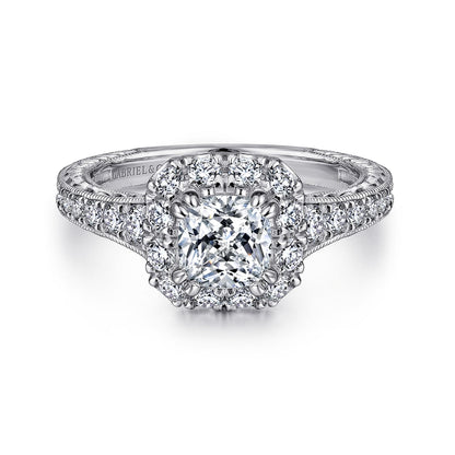 14K White-Rose Gold Cushion Halo Diamond Engagement Ring