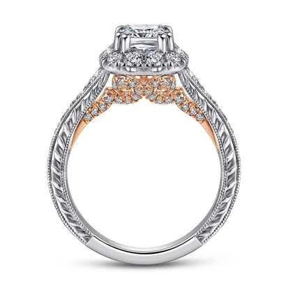 14K White-Rose Gold Cushion Halo Diamond Engagement Ring