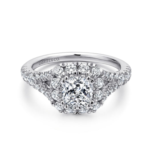 14K White-Rose Gold Cushion Halo Diamond Engagement Ring
