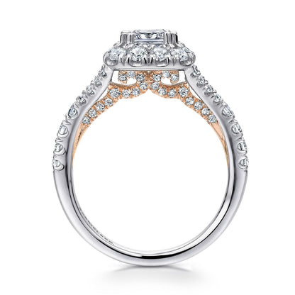 14K White-Rose Gold Cushion Halo Diamond Engagement Ring