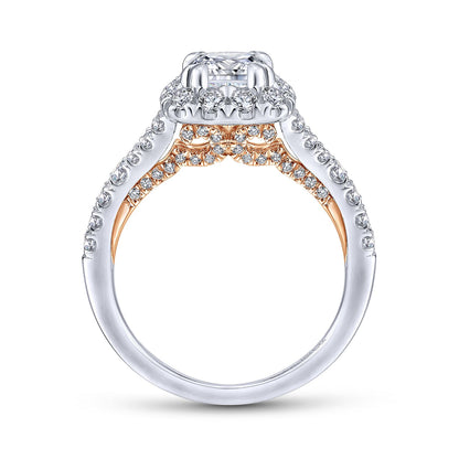 14K White-Rose Gold Cushion Halo Diamond Engagement Ring