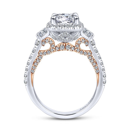 18K White-Rose Gold Cushion Three Stone Halo Round Diamond Engagement Ring