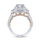 18K White-Rose Gold Cushion Three Stone Halo Round Diamond Engagement Ring