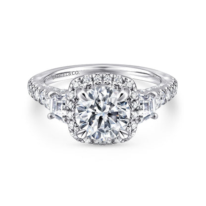 18K White Gold Cushion Three Stone Halo Round Diamond Engagement Ring