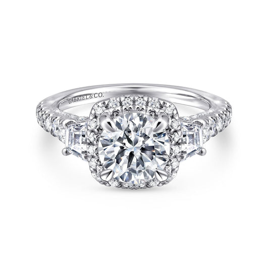 18K White Gold Cushion Three Stone Halo Round Diamond Engagement Ring