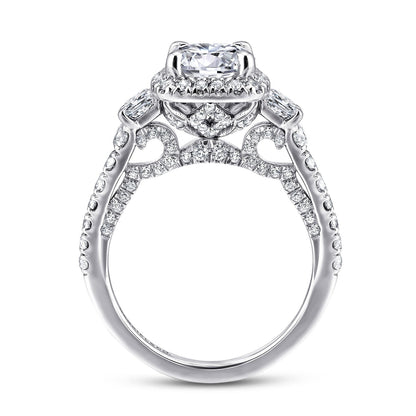 18K White Gold Cushion Three Stone Halo Round Diamond Engagement Ring