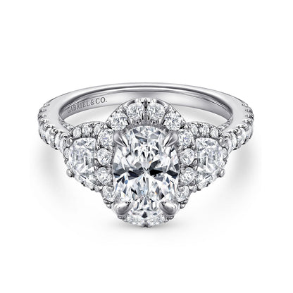 14K White Gold Oval Three Stone Halo Diamond Channel Set Engagement Ring