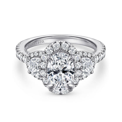 18K White Gold Oval Three Stone Halo Diamond Channel Set Engagement Ring