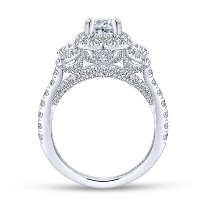 18K White Gold Oval Three Stone Halo Diamond Channel Set Engagement Ring