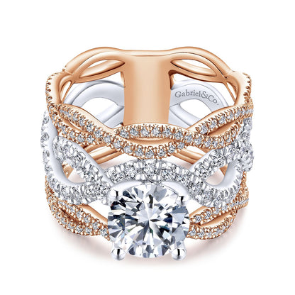 14K White-Rose Gold Round Twisted Diamond Engagement Ring