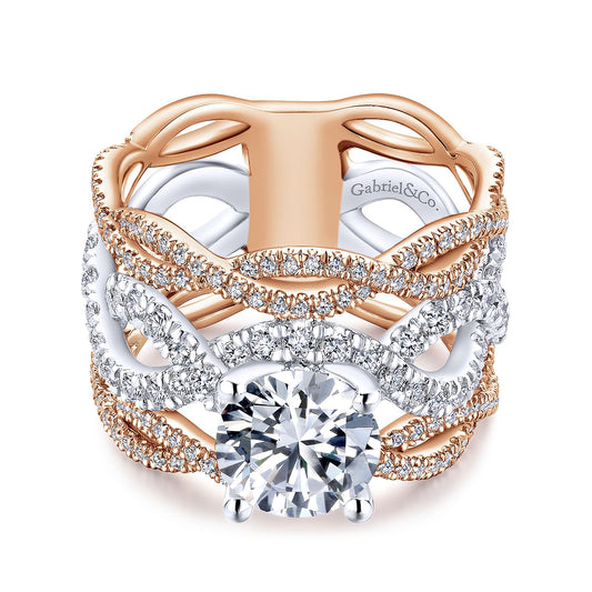 14K White-Rose Gold Round Twisted Diamond Engagement Ring