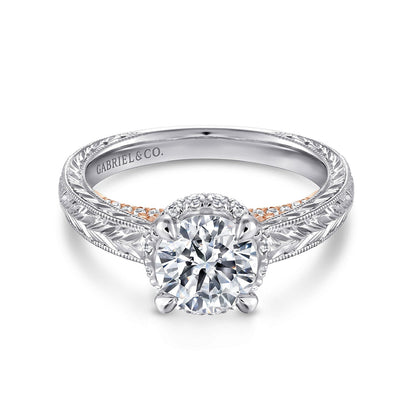 14K White-Rose Gold Hidden Halo Round Diamond Engagement Ring