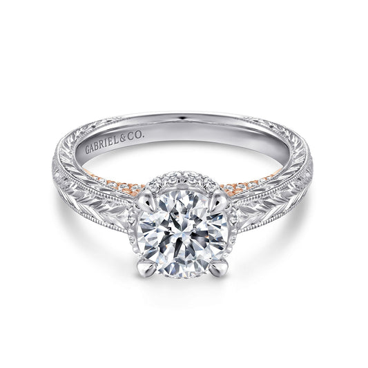 14K White-Rose Gold Hidden Halo Round Diamond Engagement Ring