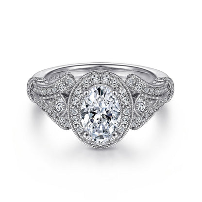 Vintage Inspired 14K White Gold Oval Halo Diamond Engagement Ring