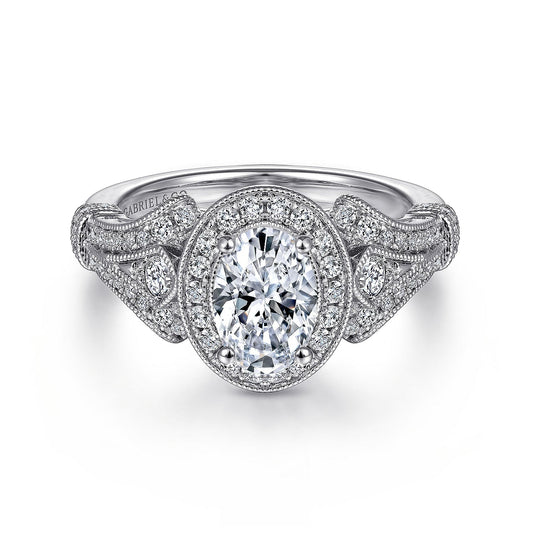 Vintage Inspired 14K White Gold Oval Halo Diamond Engagement Ring