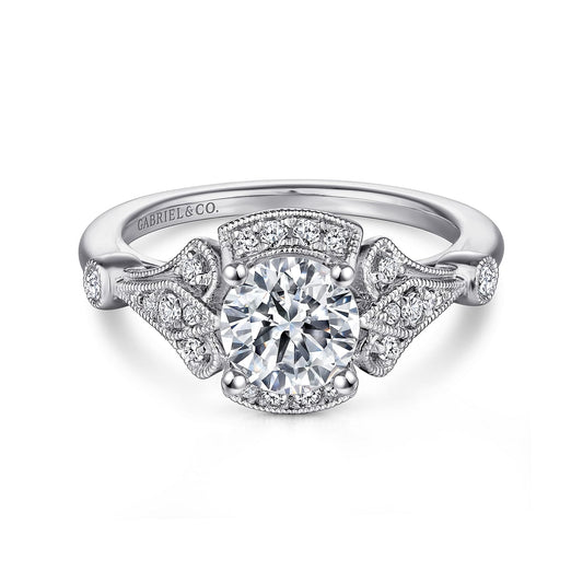 Unique 14K White Gold Art Deco Halo Diamond Engagement Ring