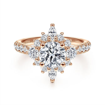 Unique 14K Rose Gold Round Halo Diamond Engagement Ring