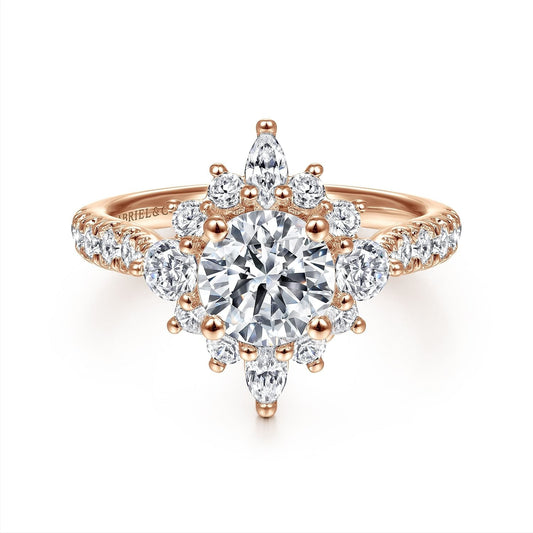 Unique 14K Rose Gold Round Halo Diamond Engagement Ring