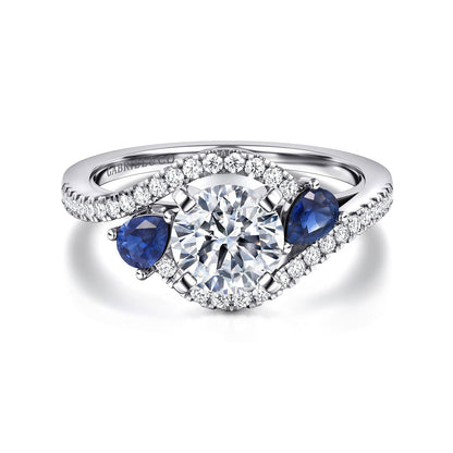 14K White Gold Round Three Stone Sapphire and Diamond Engagement Ring