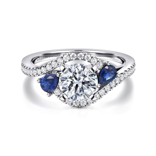 14K White Gold Round Three Stone Sapphire and Diamond Engagement Ring