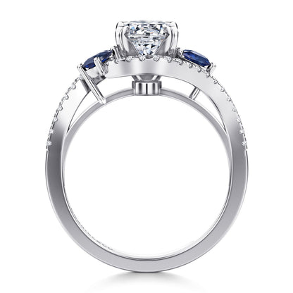 14K White Gold Round Three Stone Sapphire and Diamond Engagement Ring