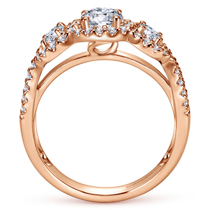 14K Rose Gold Round Three Stone Halo Diamond Engagement Ring