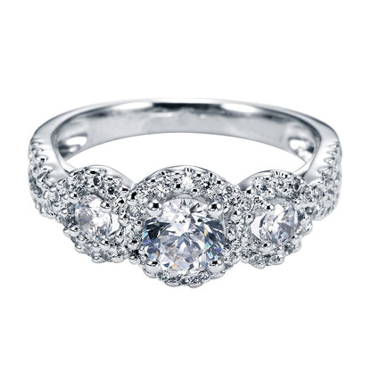 Platinum Round Three Stone Halo Diamond Engagement Ring