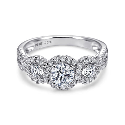 14K White Gold Round Three Stone Halo Diamond Engagement Ring
