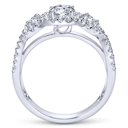 14K White Gold Round Three Stone Halo Diamond Engagement Ring