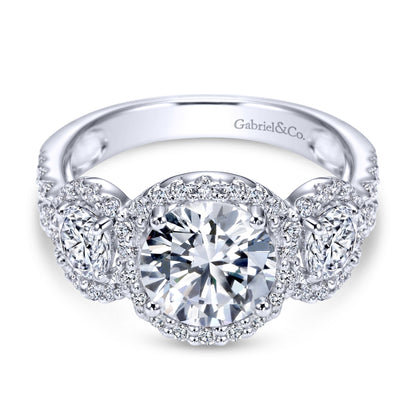 14K White Gold Round Three Stone Halo Diamond Engagement Ring