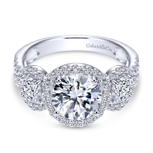 14K White Gold Round Three Stone Halo Diamond Engagement Ring