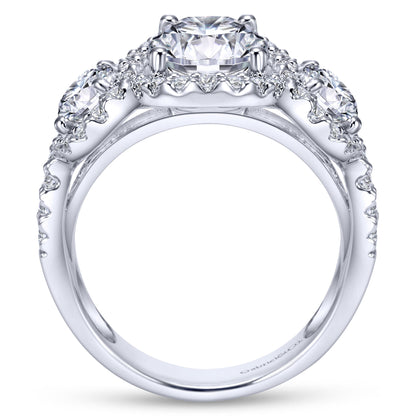 14K White Gold Round Three Stone Halo Diamond Engagement Ring