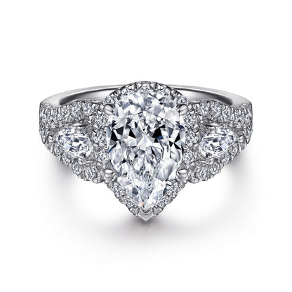 14K White Gold Pear Shape Three Stone Halo Diamond Engagement Ring
