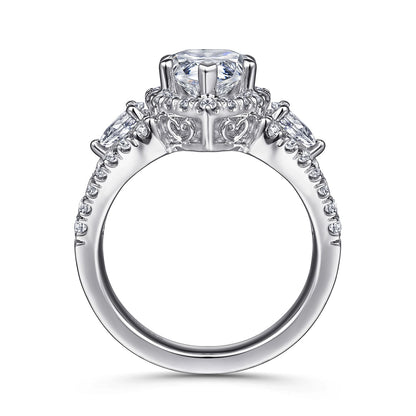 14K White Gold Pear Shape Three Stone Halo Diamond Engagement Ring