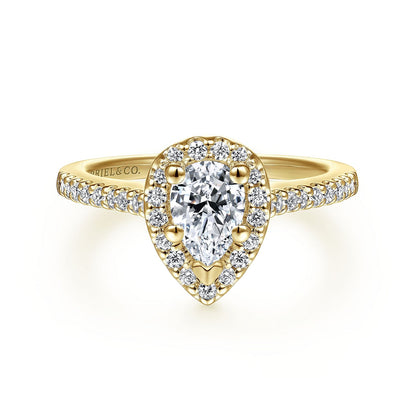 14K Yellow Gold Pear Shape Halo Diamond Engagement Ring