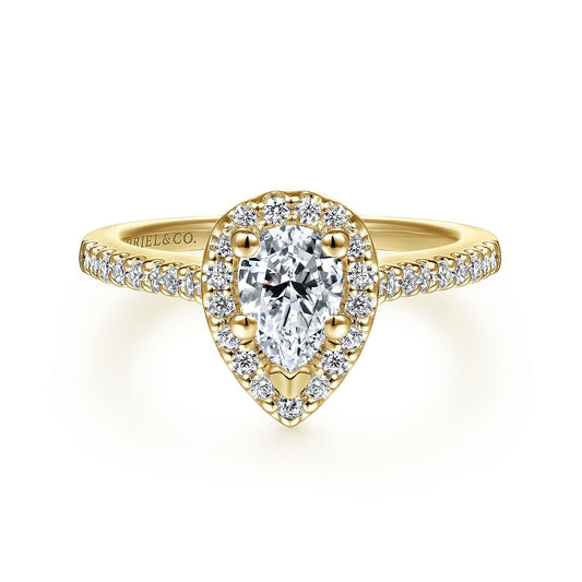 14K Yellow Gold Pear Shape Halo Diamond Engagement Ring