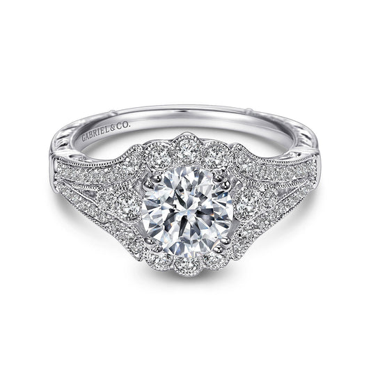 Unique 14K White Gold Vintage Inspired Halo Diamond Engagement Ring