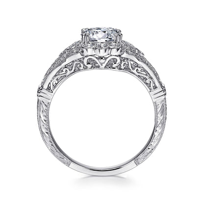 Unique 14K White Gold Vintage Inspired Halo Diamond Engagement Ring