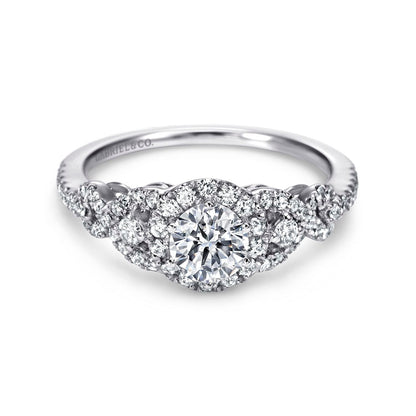 14K White Gold Round Three Stone Halo Diamond Engagement Ring