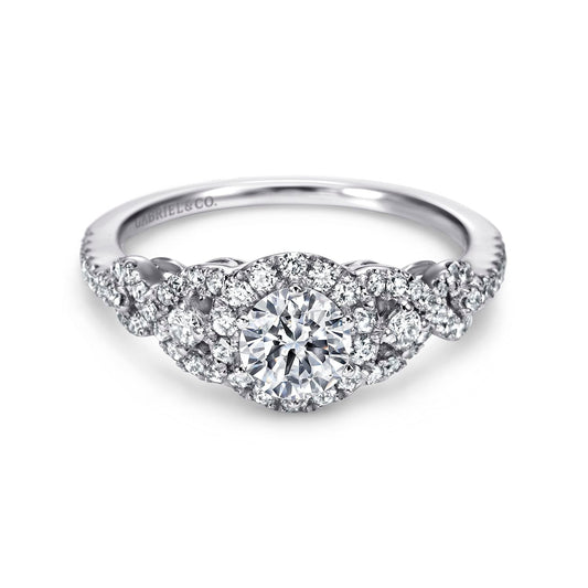 14K White Gold Round Three Stone Halo Diamond Engagement Ring