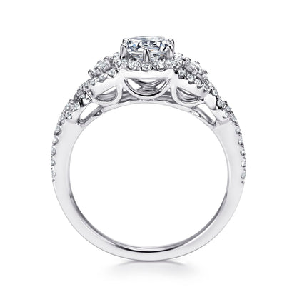 14K White Gold Round Three Stone Halo Diamond Engagement Ring