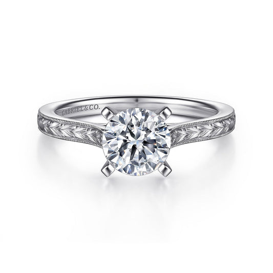 Vintage Inspired 14K White Gold Round Solitaire Engagement Ring