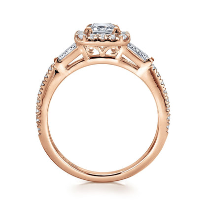 14K Rose Gold Three Stone Halo Emerald Cut Diamond Channel Set Engagement Ring