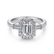 14K White Gold Three Stone Halo Emerald Cut Diamond Channel Set Engagement Ring