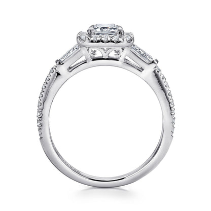 14K White Gold Three Stone Halo Emerald Cut Diamond Channel Set Engagement Ring