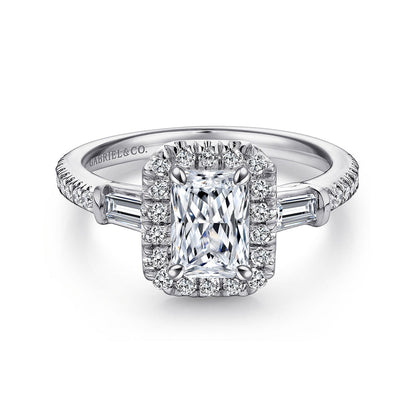 18K White Gold Three Stone Halo Emerald Cut Diamond Channel Set Engagement Ring