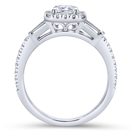 18K White Gold Three Stone Halo Emerald Cut Diamond Channel Set Engagement Ring
