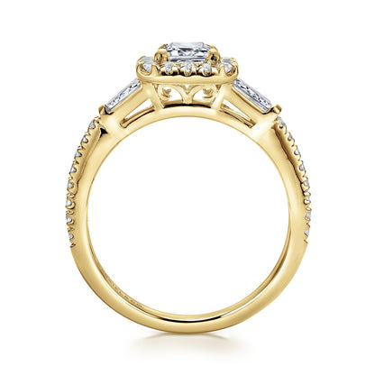 14K Yellow Gold Three Stone Halo Emerald Cut Diamond Channel Set Engagement Ring
