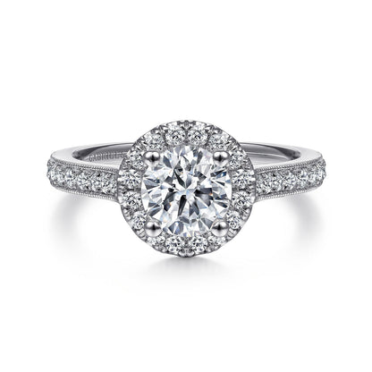 Vintage Inspired 14K White Gold Round Halo Diamond Engagement Ring
