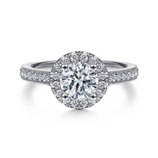 Vintage Inspired 14K White Gold Round Halo Diamond Engagement Ring